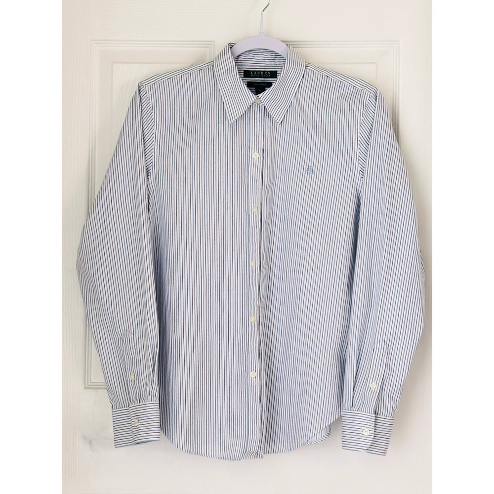 Lauren Ralph Lauren Non Iron Striped Cotton Button Down Shirt Blue White Medium - Picture 1 of 4